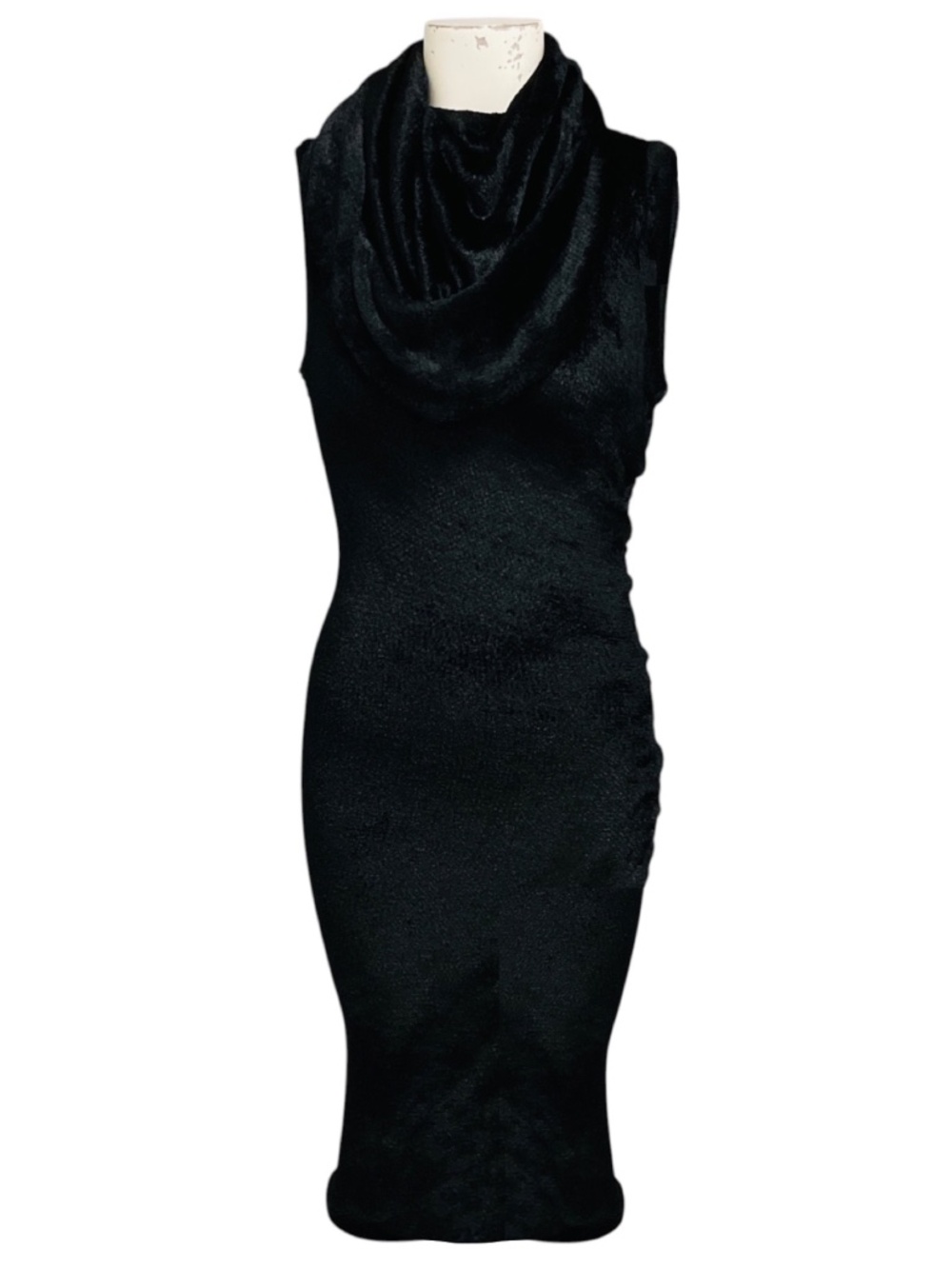 ALAIA BLACK SLEEVELESS SHINY VELVET MIDI DRESS